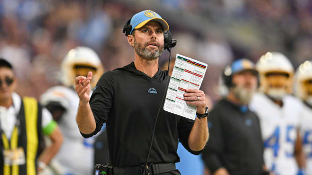 Sep 24, 2023; Minneapolis, Minnesota, USA; Los Angeles Chargers head coach Brandon Staley looks on during the game against the Minnesota Vikings at U.S. Bank Stadium. Mandatory Credit: Jeffrey Becker-USA TODAY Sports